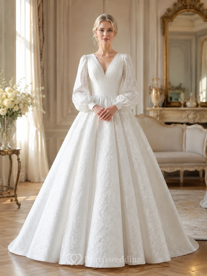 V-neck Poet Sleeve Tulle A-Line Chapel Train Elegant Bridal Dress