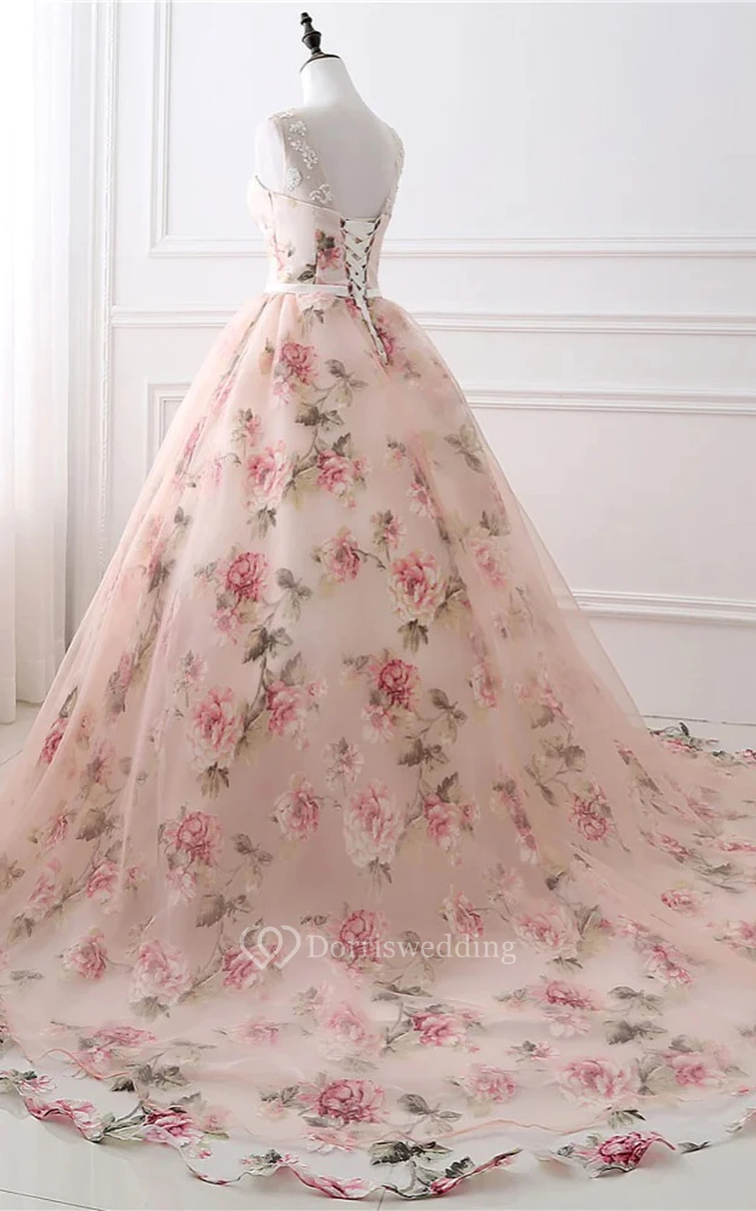 Vestido de fiesta de gala sin mangas con escote redondo y corte imperio, estampado floral view 7
