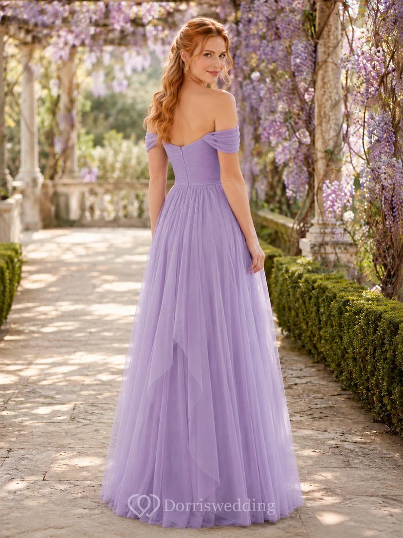 Lavender Romantic Garden A-Line Chiffon Tulle Bridesmaid Dress with Sleeveless Strapless Sweetheart Bodice, Pleated Floor-Length Skirt and Zipper Back view 2