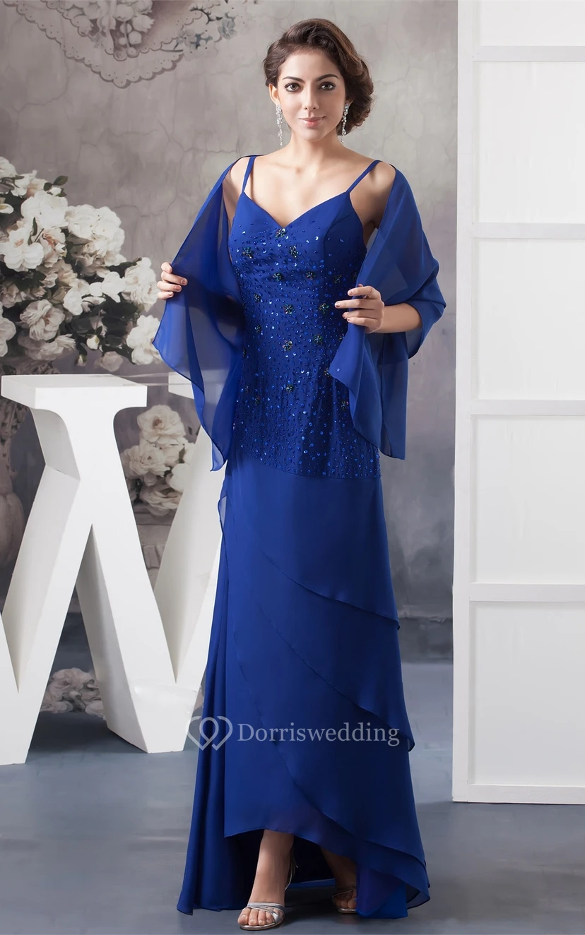 Spaghettiträger-Chiffonkleid in Bodenlänge mit Perlenstickerei
