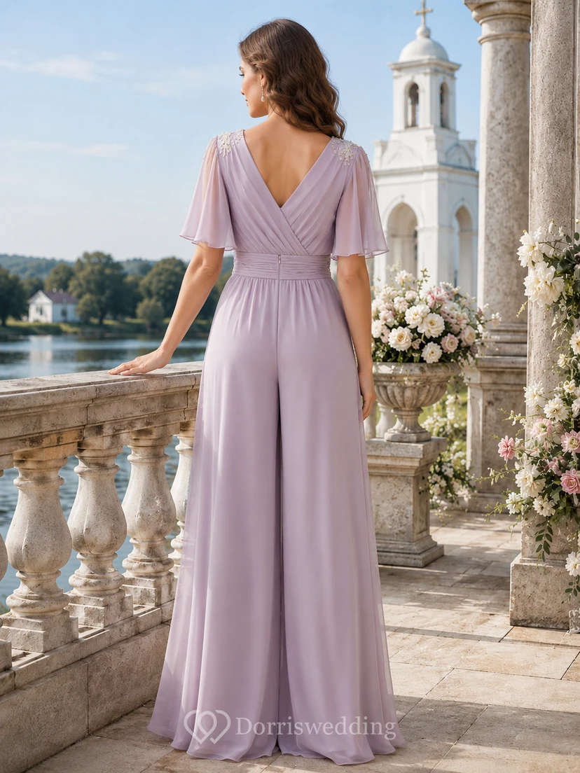 Lavendelfarbener Wickel-Jumpsuit aus Chiffon mit V-Ausschnitt, kurzen Ärmeln und weitem Bein – ideal zur Taufe view 2