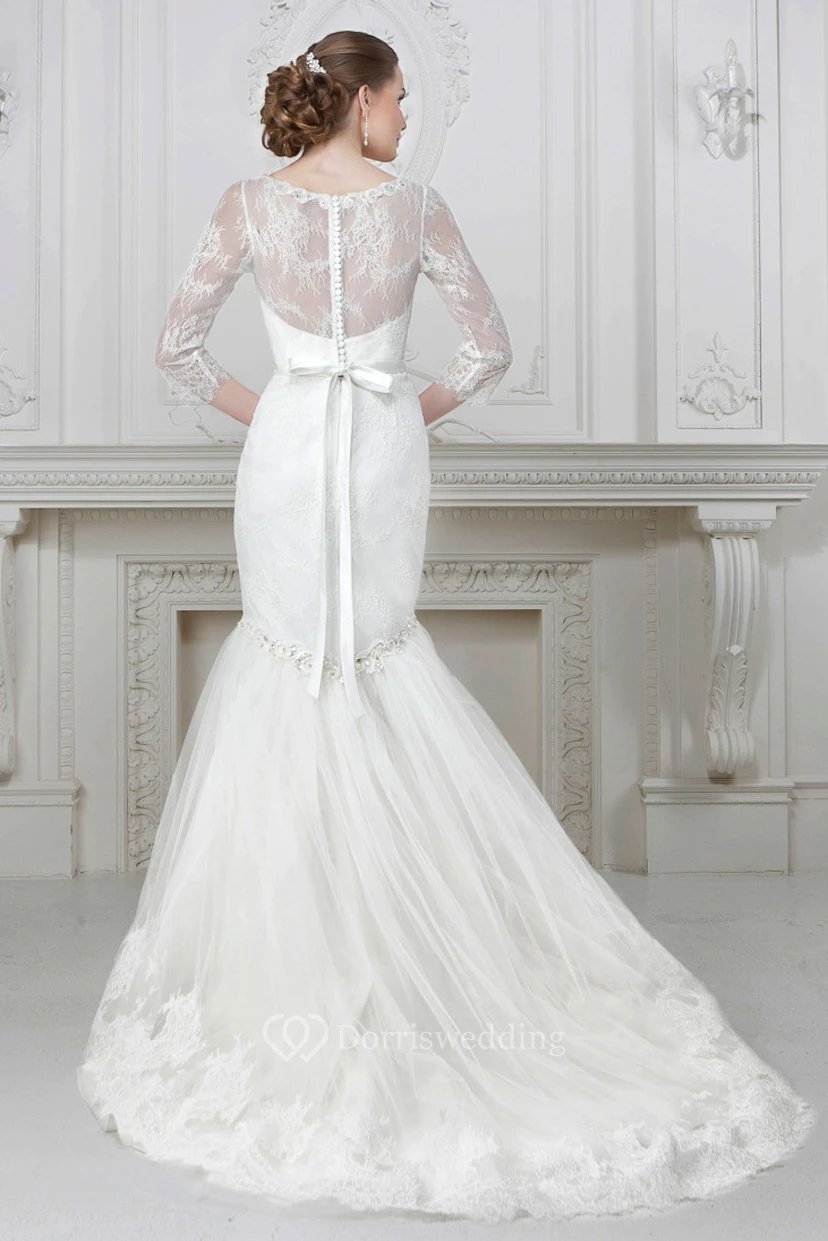 Trompetenförmiges, bodenlanges Brautkleid mit V-Ausschnitt, 3-4 Ärmeln, Applikationen aus Spitze, Taillenschmuck und Perlenverzierung view 2