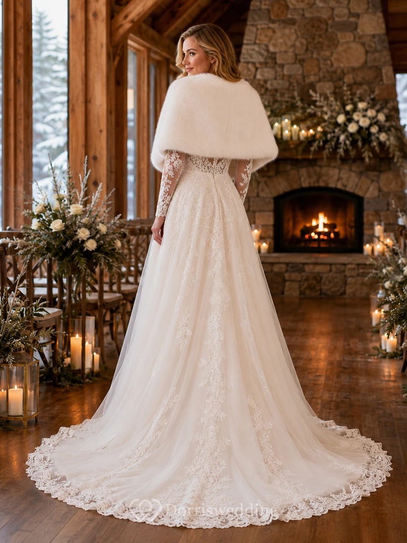 Winterliches Brautkleid in A-Linie mit Pelzschal, Spitze und Schleppe view 2