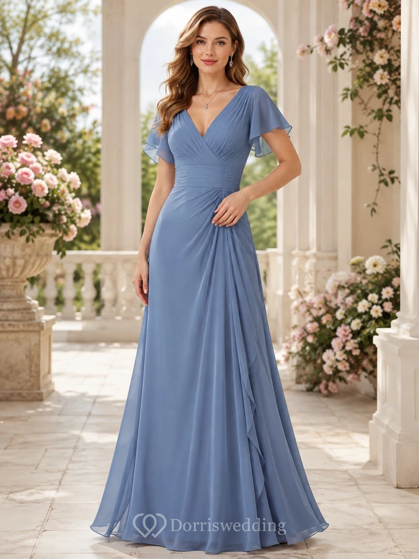 Slate Blue Chiffon Short Sleeve A-Line V-Neck Floor Length Bridesmaid Gown