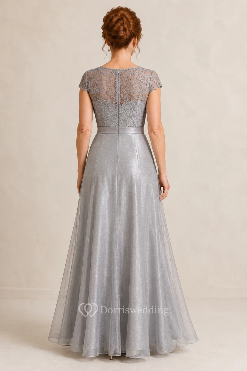 Silbernes Tüll-A-Linien-Kleid für die Mutter mit perlenbesetztem Spitzenoberteil view 2