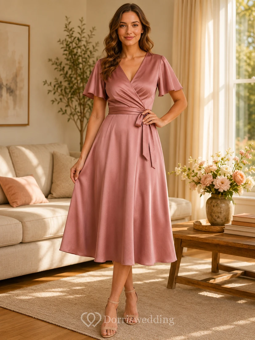 Altrosafarbenes Wickelkleid aus Satin mit V-Ausschnitt und flatternden Ärmeln, Midi-Länge