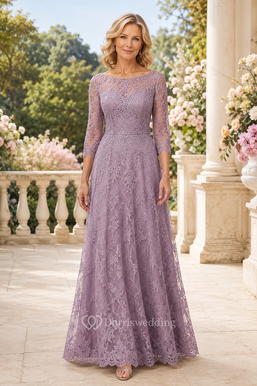 Lavendelfarbenes, langärmeliges A-Linien-Spitzenkleid für Mütter