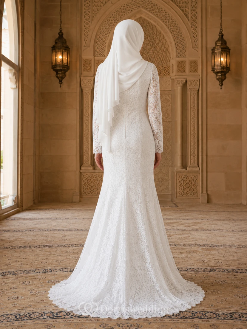 Modest Muslim Lace Sheath Long Sleeve Mosque Wedding Dress view 2