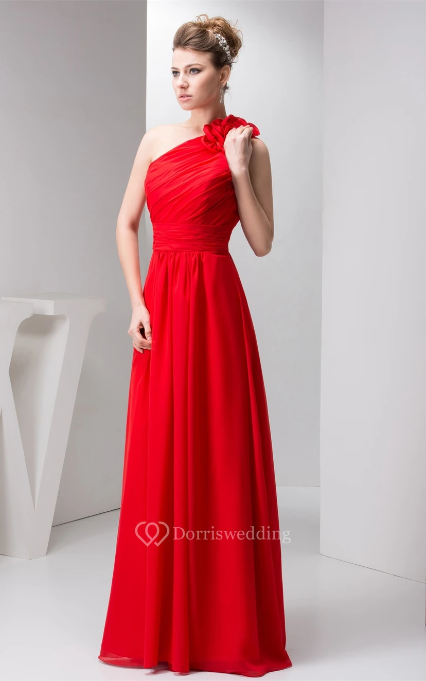 One-Shoulder Floor-Length Chiffon Floral Epaulet and Dress With Ruching view 4