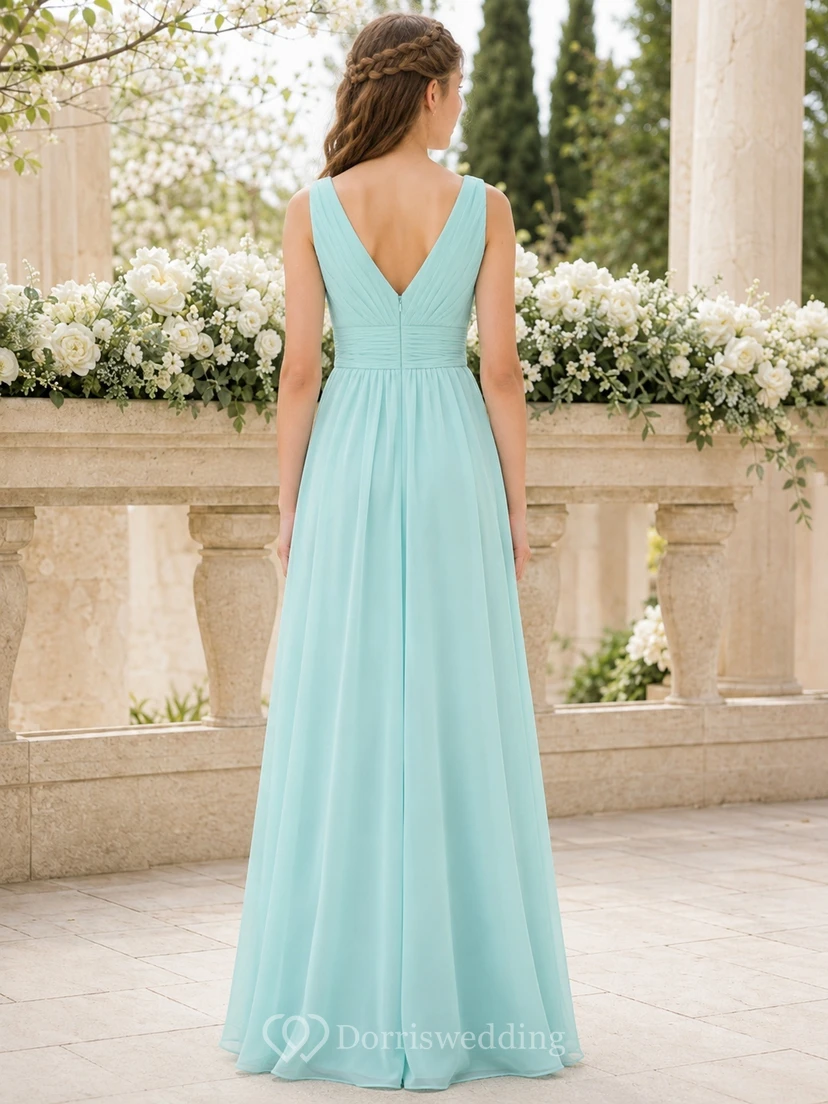 Vestido de dama de honor juvenil color aguamarina, corte en A, escote en V, sin mangas, elegante y formal. view 2