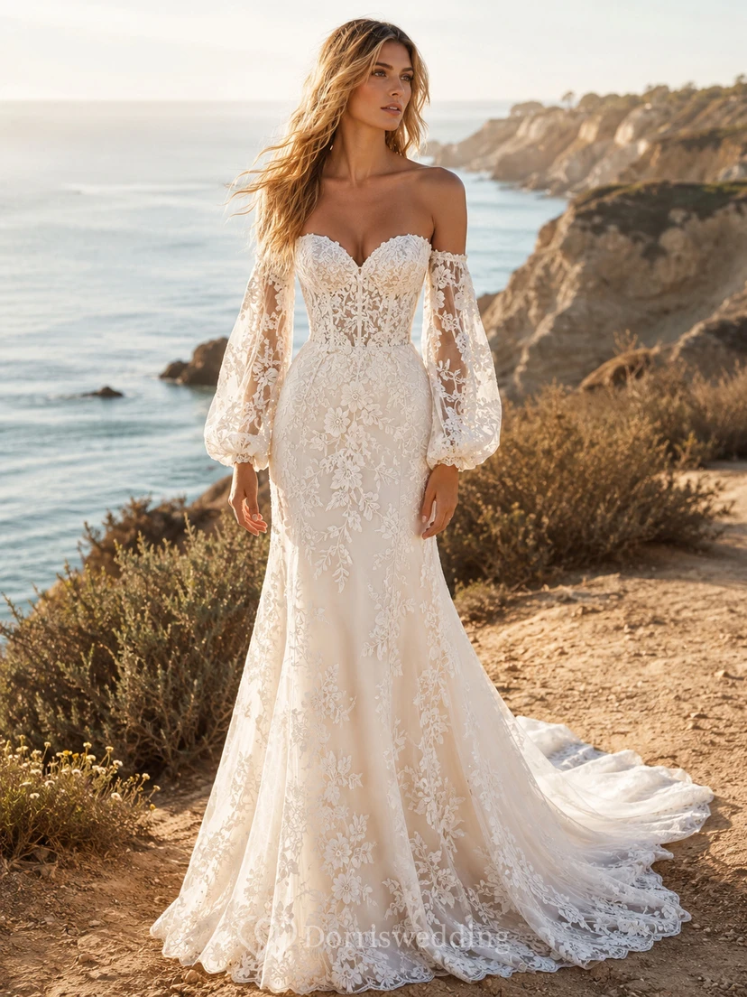 Boho Off-the-Shoulder Lace Mermaid Wedding Dress with Long Bishop Sleeves & Fitted Coastal Bridal Train