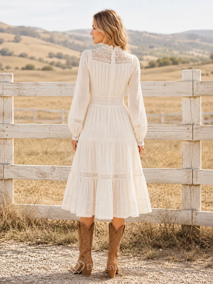 Ivory High Neck Poet Sleeve Tiered Country Lace Dress Bohemian view 2