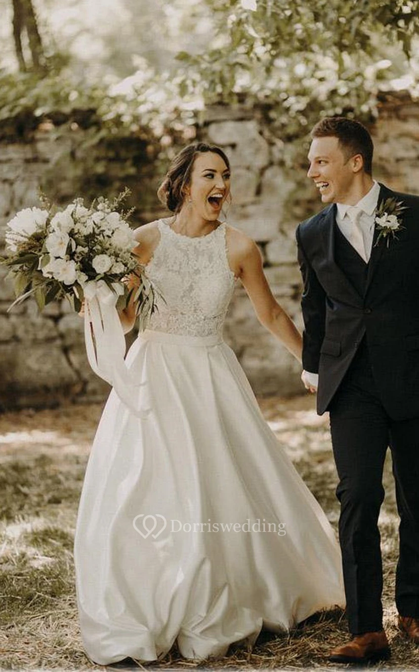 Lace Scoop-neck Chiffon Empire Country Outdoor Wedding Dress