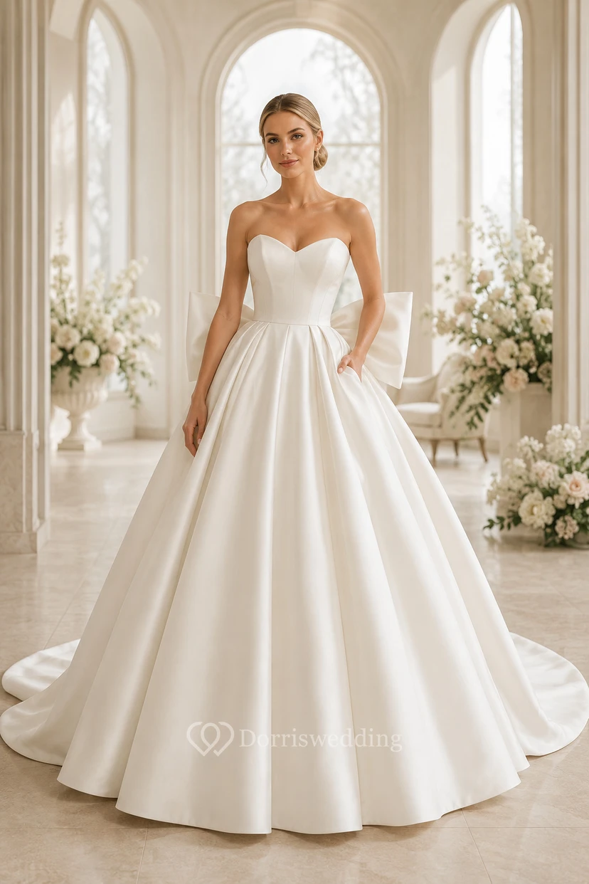Robe de mariée en satin, robe de bal bustier, décolleté cœur, traîne, dos nu