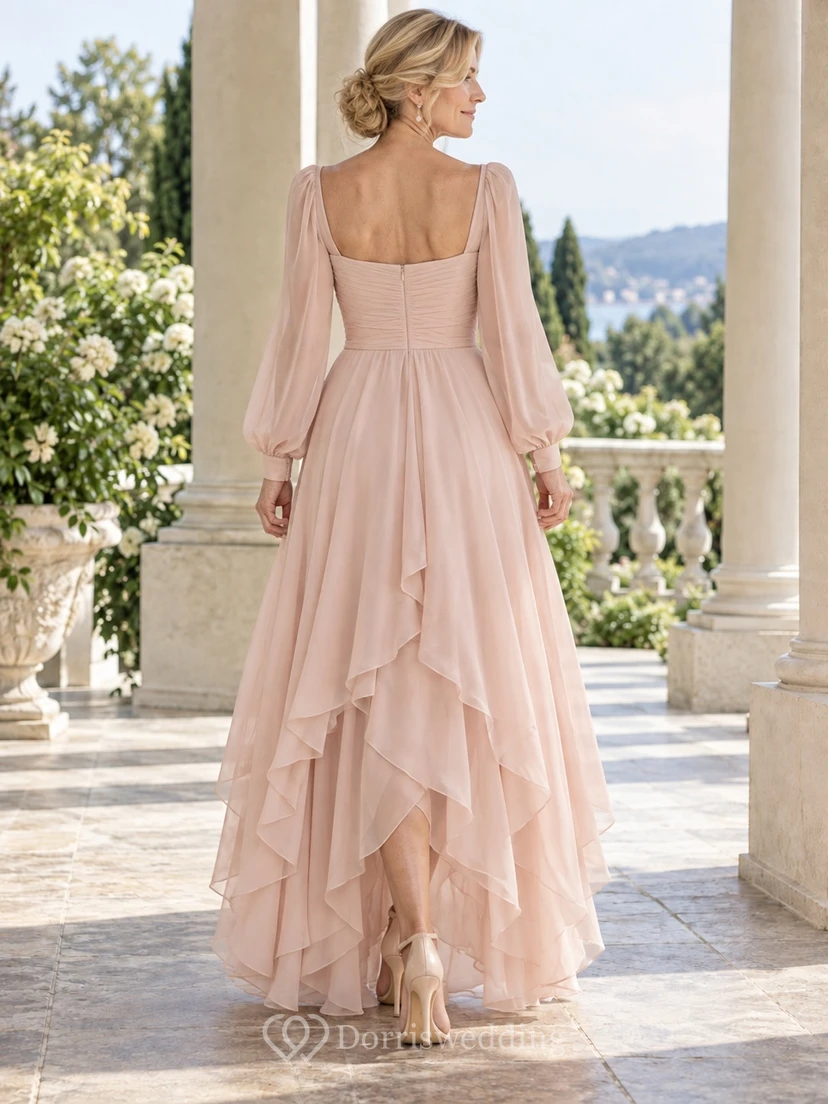 Hochgeschlossenes, gerüschtes Chiffon-Brautkleid mit langen Ärmeln, V-Ausschnitt und A-Linie für zweite Hochzeiten view 2