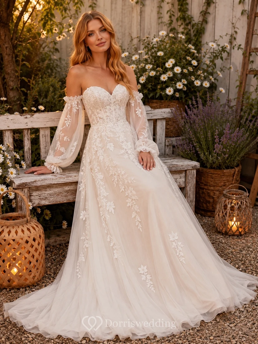 Vestido de novia formal de corte A con hombros descubiertos, estilo bohemio romántico.