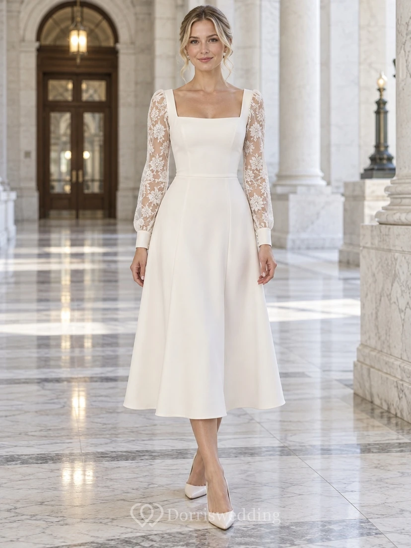Robe de mariée simple à col carré, longueur thé, manches longues en dentelle, idéale pour une cérémonie civile