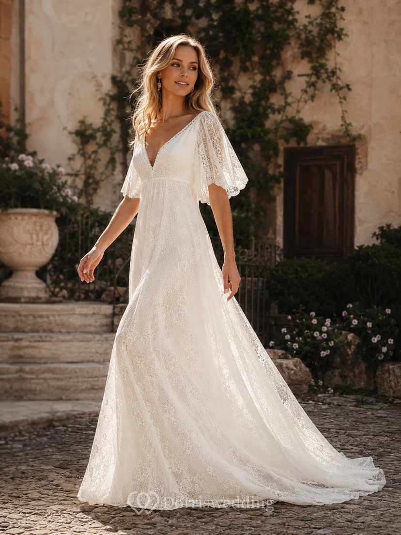 Half-sleeve V-neck Lace Boho Country Empire Wedding Dress view 5