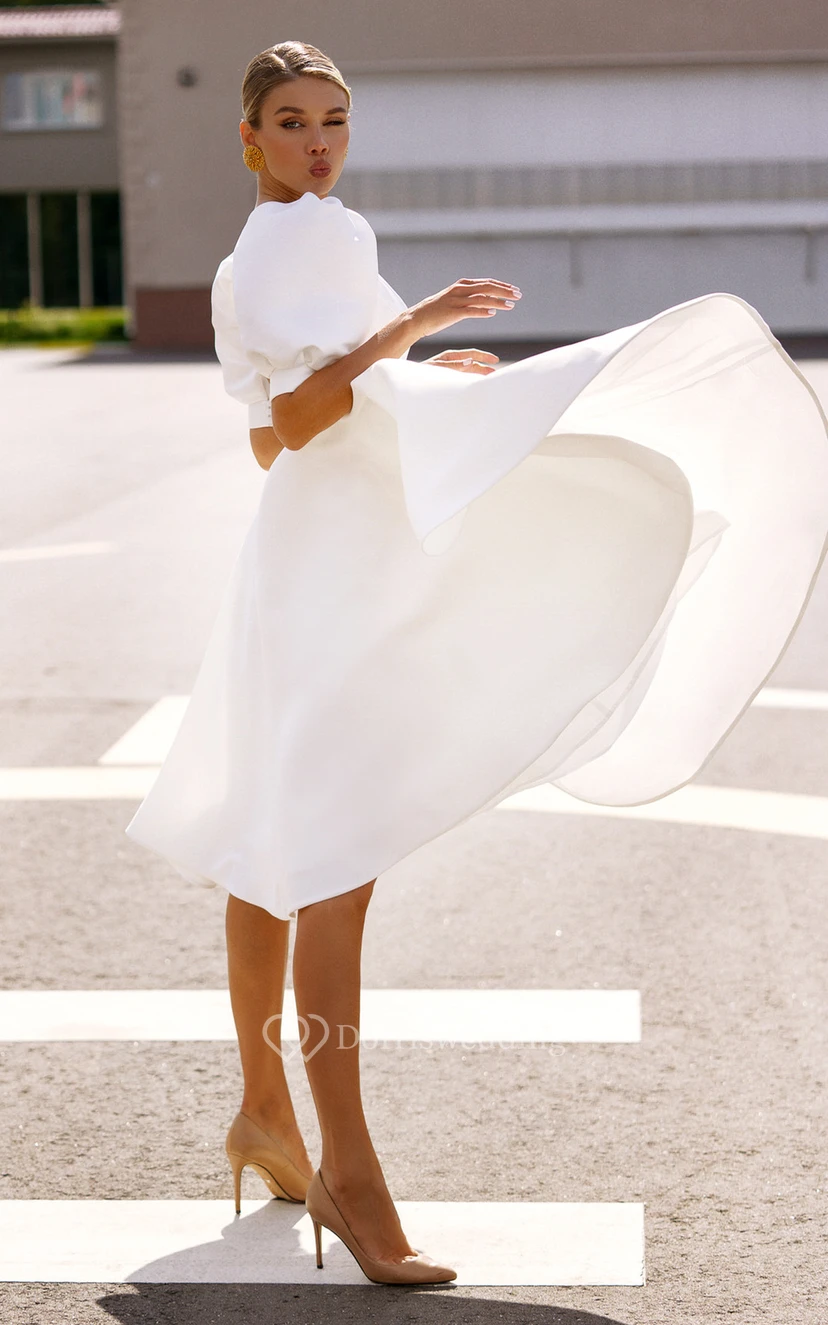 Elegante vestido de novia de satén con corte en A y escote barco hasta la rodilla view 4