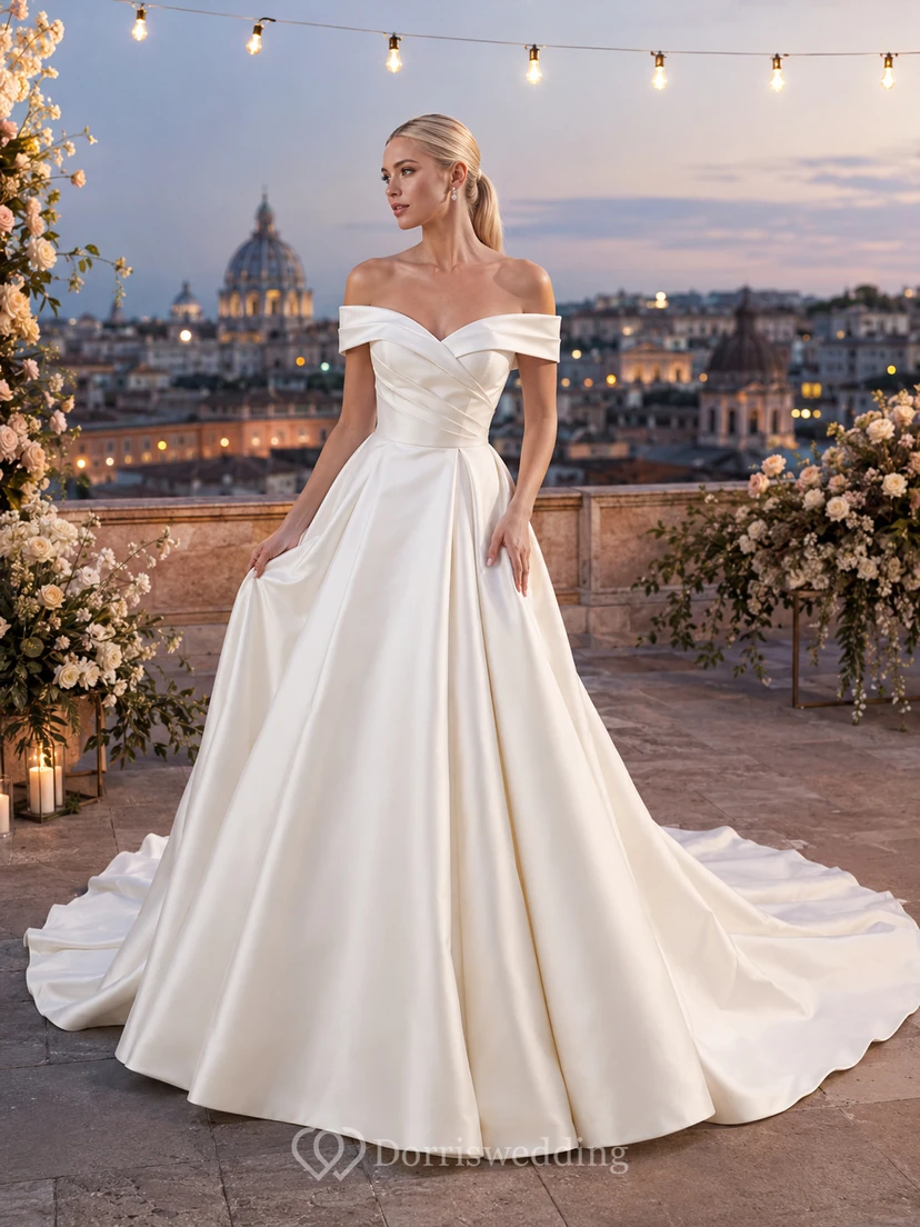 Robe de bal romantique en satin à épaules dénudées et dos nu pour un mariage à destination