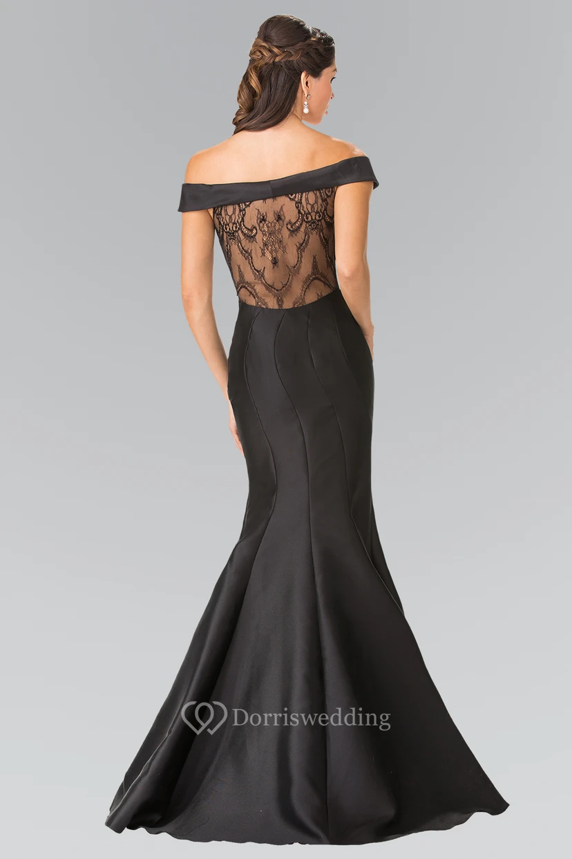 Trumpet Floor-Length Off-The-Shoulder Satin Illusion Dress With Lace view 2