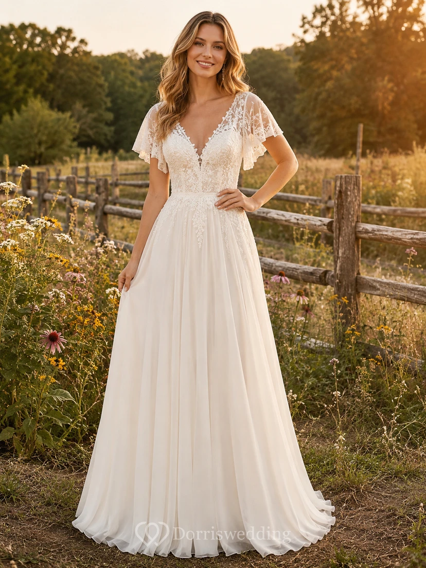 Brautkleid im Landhausstil aus Chiffon und Spitze, A-Linie, V-Ausschnitt, ärmellos, Kapellenschleppe, tiefer V-Ausschnitt am Rücken