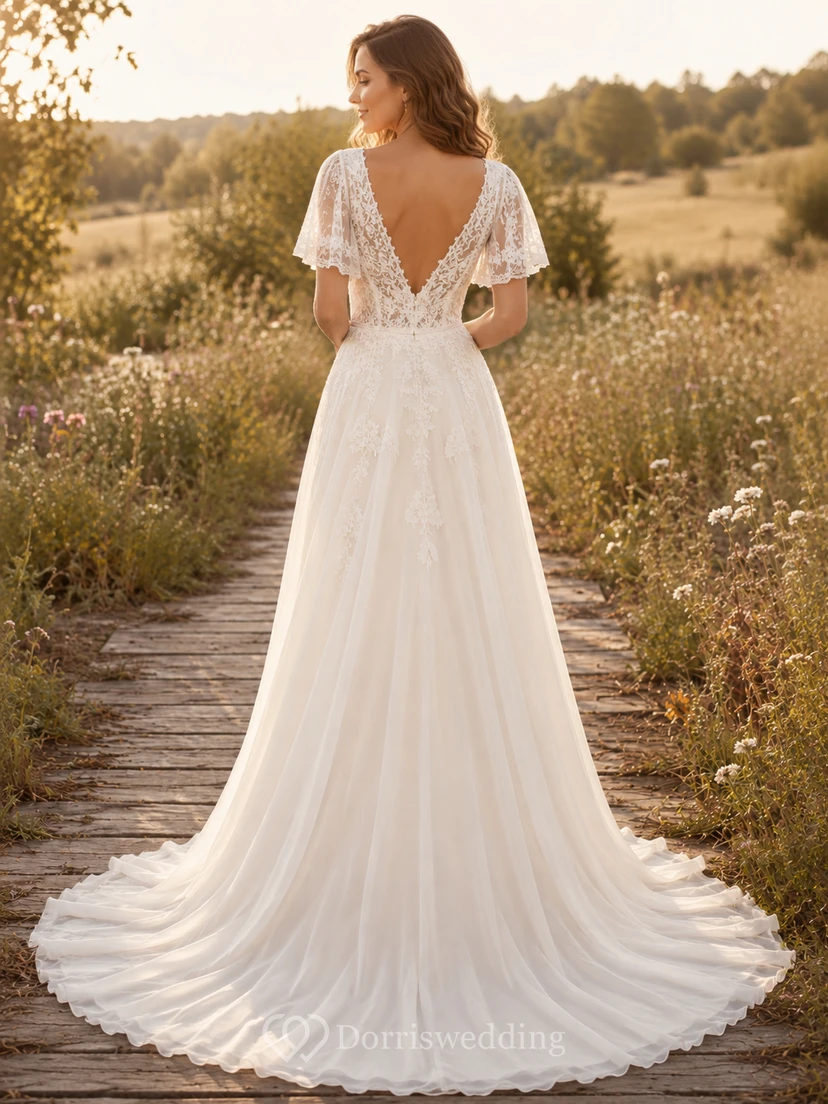 Vestido de novia campestre de tul, corte en A, escote en V, mangas con volantes, cola larga y espalda baja en V. view 2