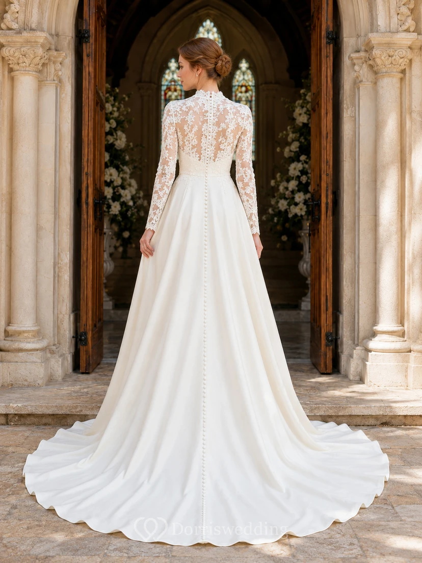 Robe de mariée trapèze à manches en dentelle recouvertes, idéale pour une entrée d'église. view 2