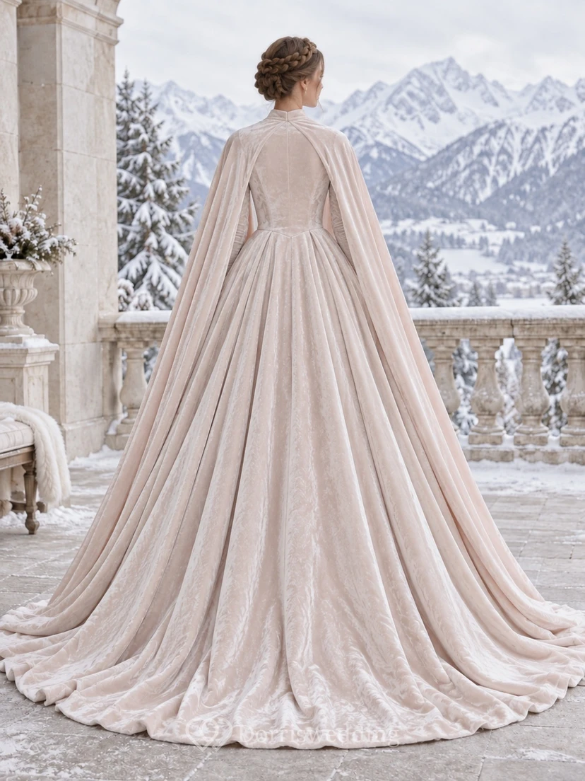 Langärmeliges, winterliches, rosafarbenes Brautkleid mit herzförmigem Ausschnitt, Samtcape und A-Linien-Absatz view 2