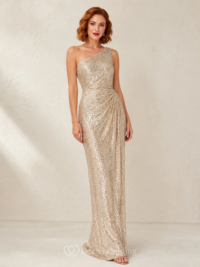 Champagne One Shoulder Sequin Sheath Evening Dress