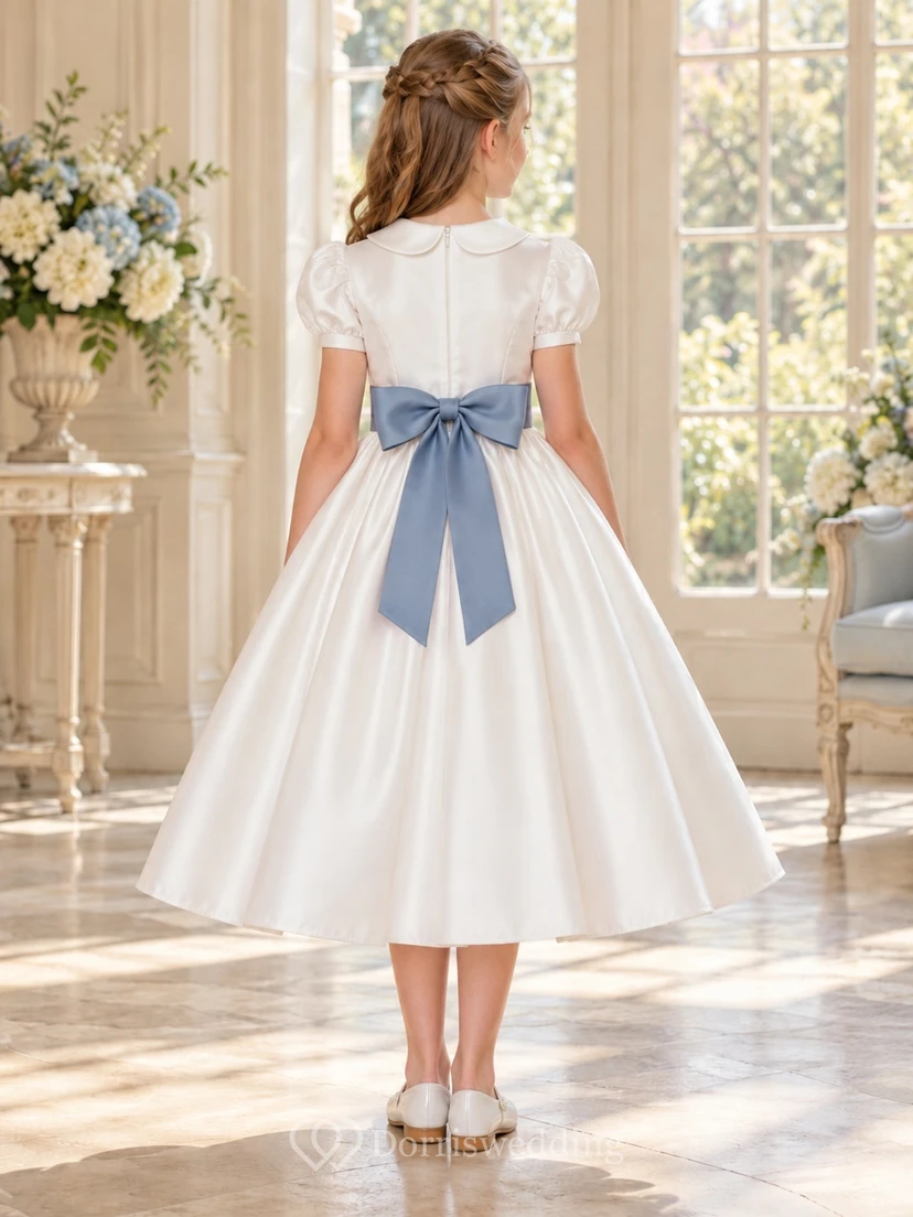 Ivory Blue Sash Peter Pan Collar Puff Flower Girl Dress view 2