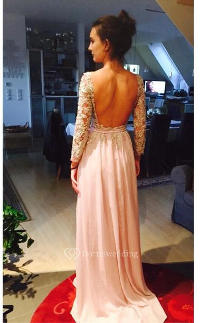 A-line Long-sleeved Chiffon Dress with lace Bodice view 2