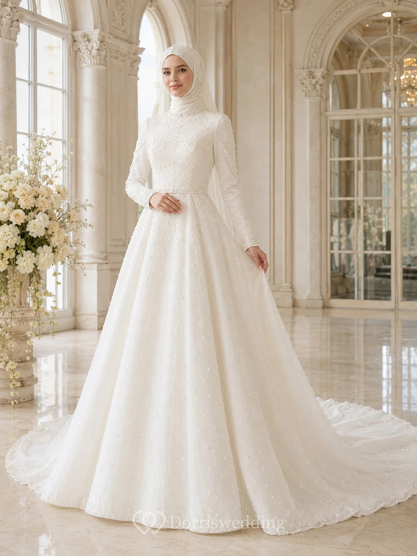 Vestido de novia sencillo musulmán de satén con cuello alto y botones en la espalda, corte A.