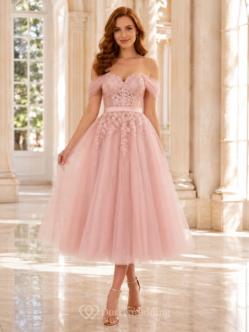 Romantic Blushing Pink Tulle Prom A Line Tea Length Off Shoulder Corset Dress