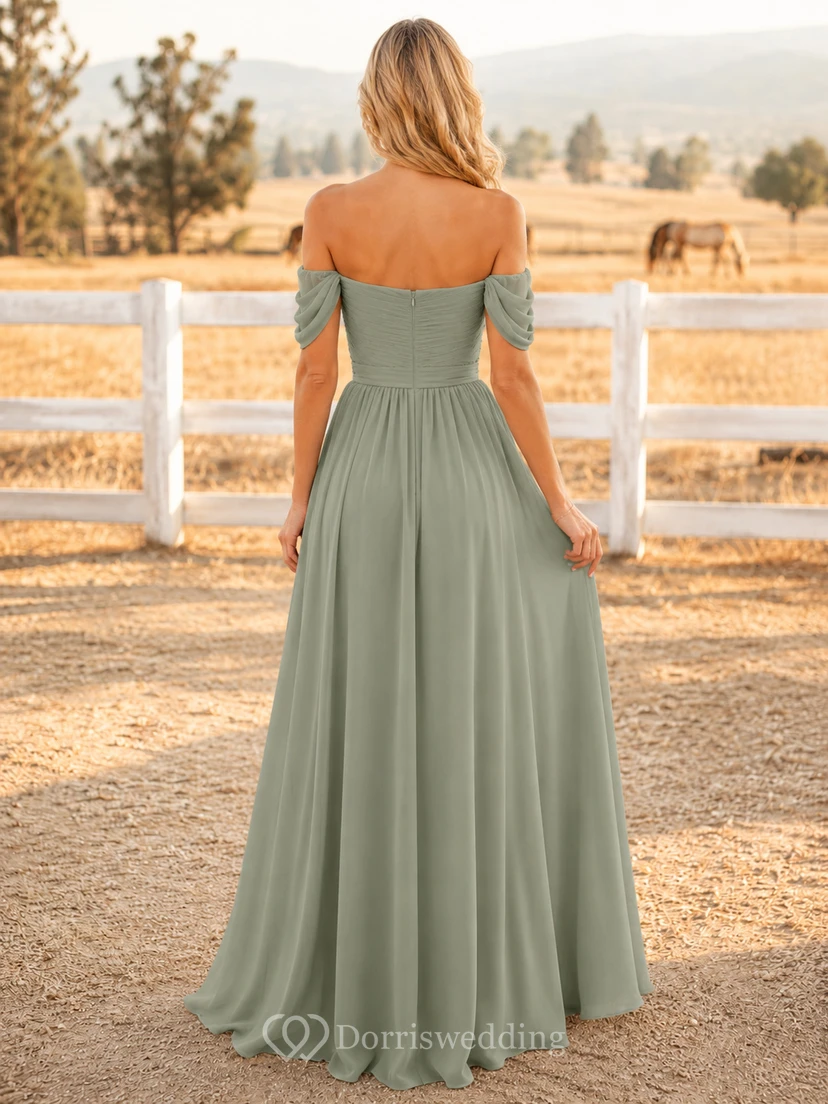 Ranch Sage Off-Shoulder Chiffon A-Line Floor-Length Slit Guest Dress view 2