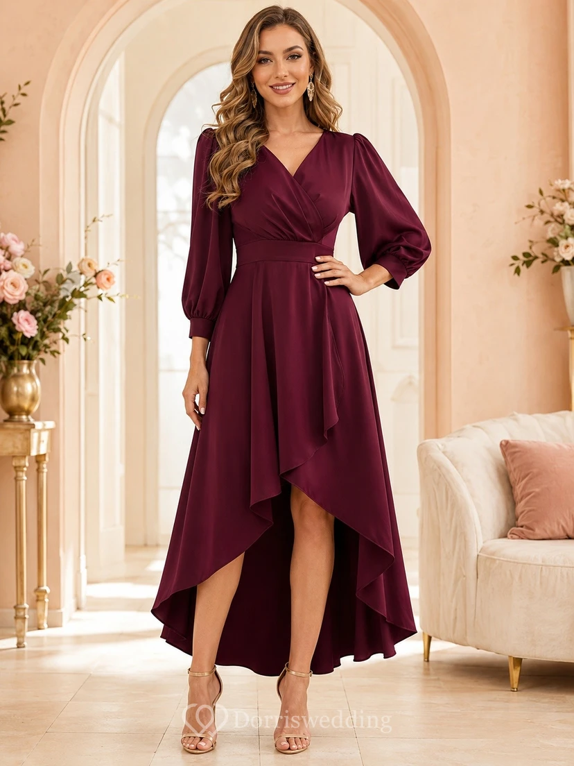 Vestido formal de satén burdeos de corte A con escote en V y mangas largas asimétricas