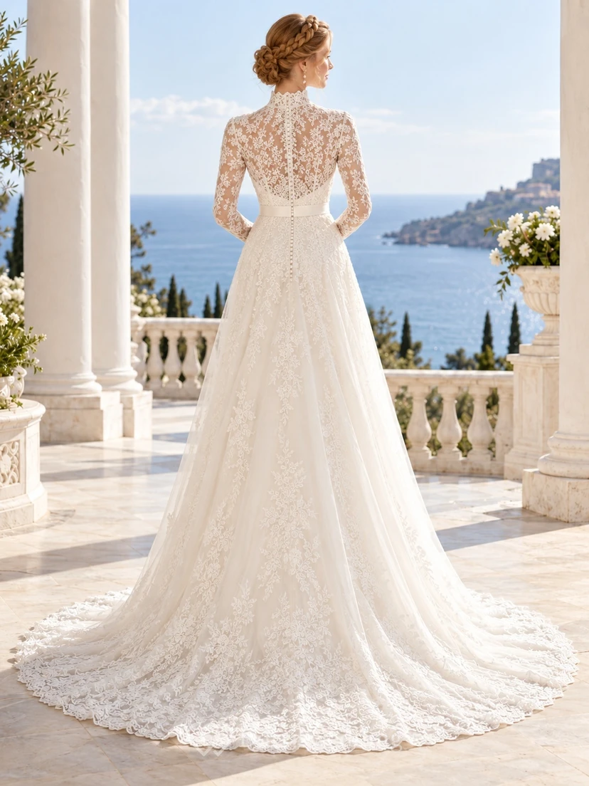 Modest High Neck Long Sleeve Floral Lace A-line Train Wedding Dress view 2
