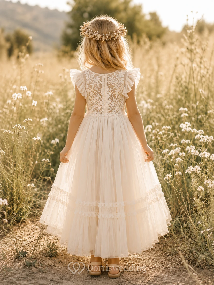 Blumenmädchenkleid in A-Linie aus Tüllspitze mit Rundhalsausschnitt, Blütenblattärmeln und gestuftem, knöchellangem Rüschenrock view 2