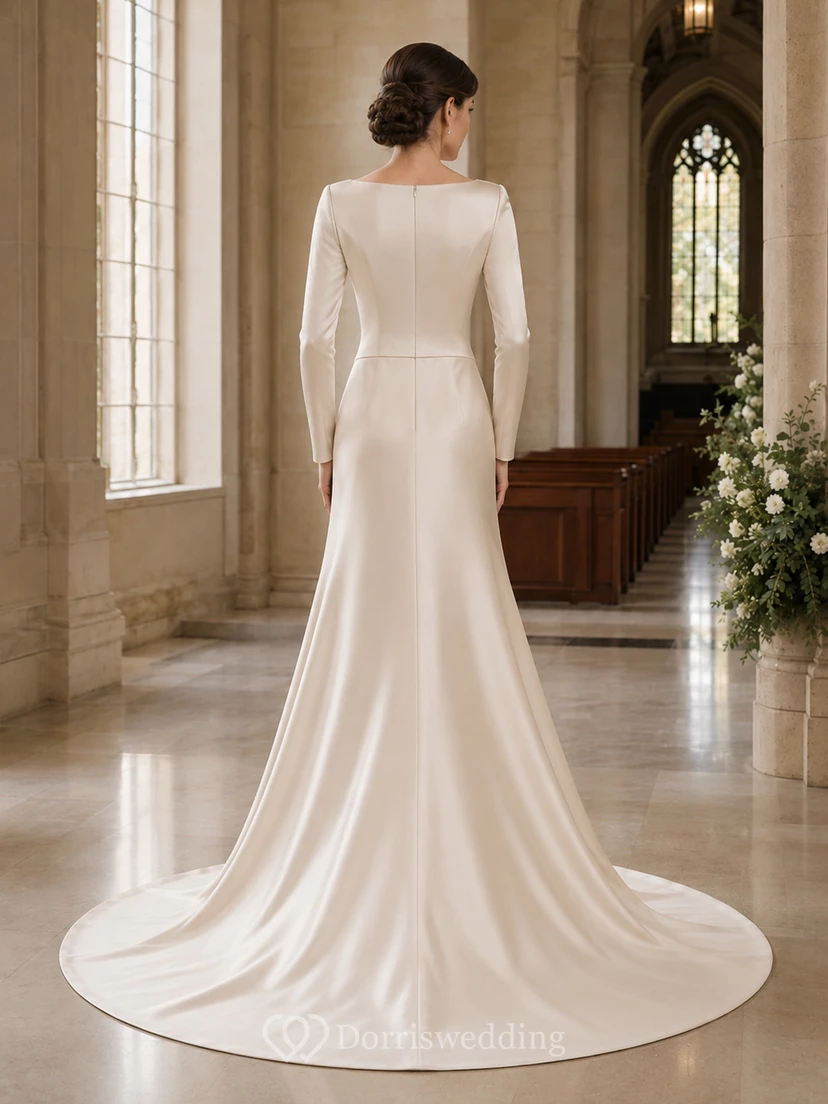 Modest Bateau Satin Sheath Long Sleeve Wedding Dress view 2