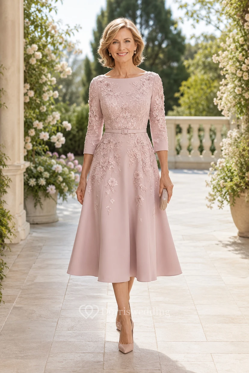 Robe de mère trapèze mi-longue à corsage en dentelle rose poudré et manches trois-quarts