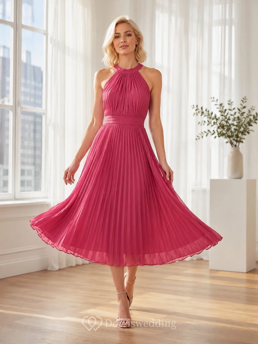 Fuchsia Halter Pleated Chiffon Elegant Midi Occasion Dress