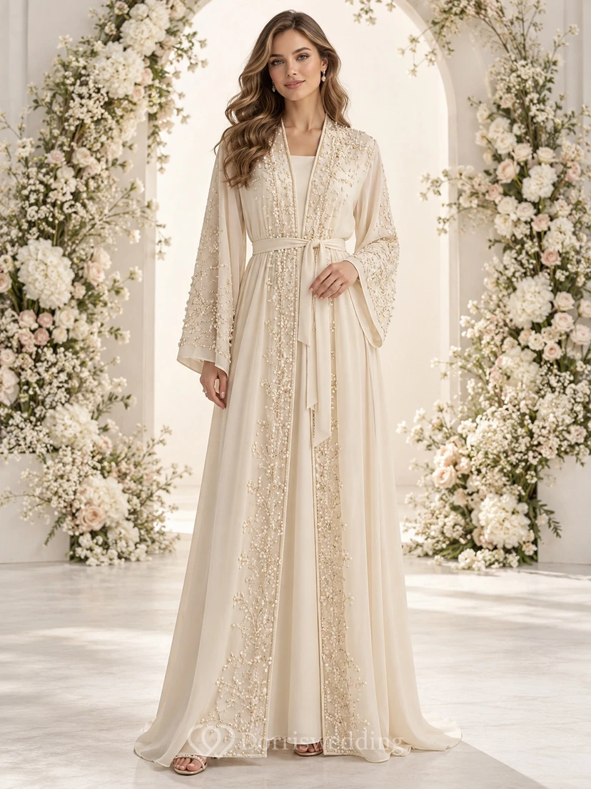 Modest Long Sleeve Ivory Embroidered Belted Flowing Engagement Abaya Dress