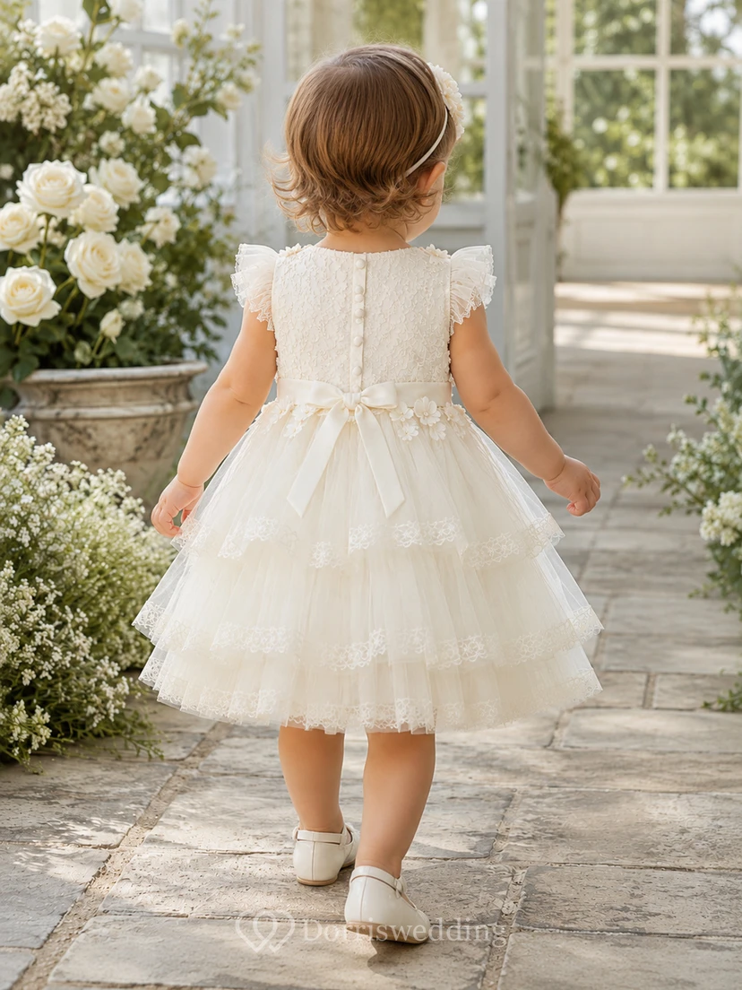 Kleid mit floralem Spitzenoberteil, Lagen aus Tüll, romantisch-elegant, A-Linie, bezaubernd, mit Schmucksteinen, kurze Ärmel view 2