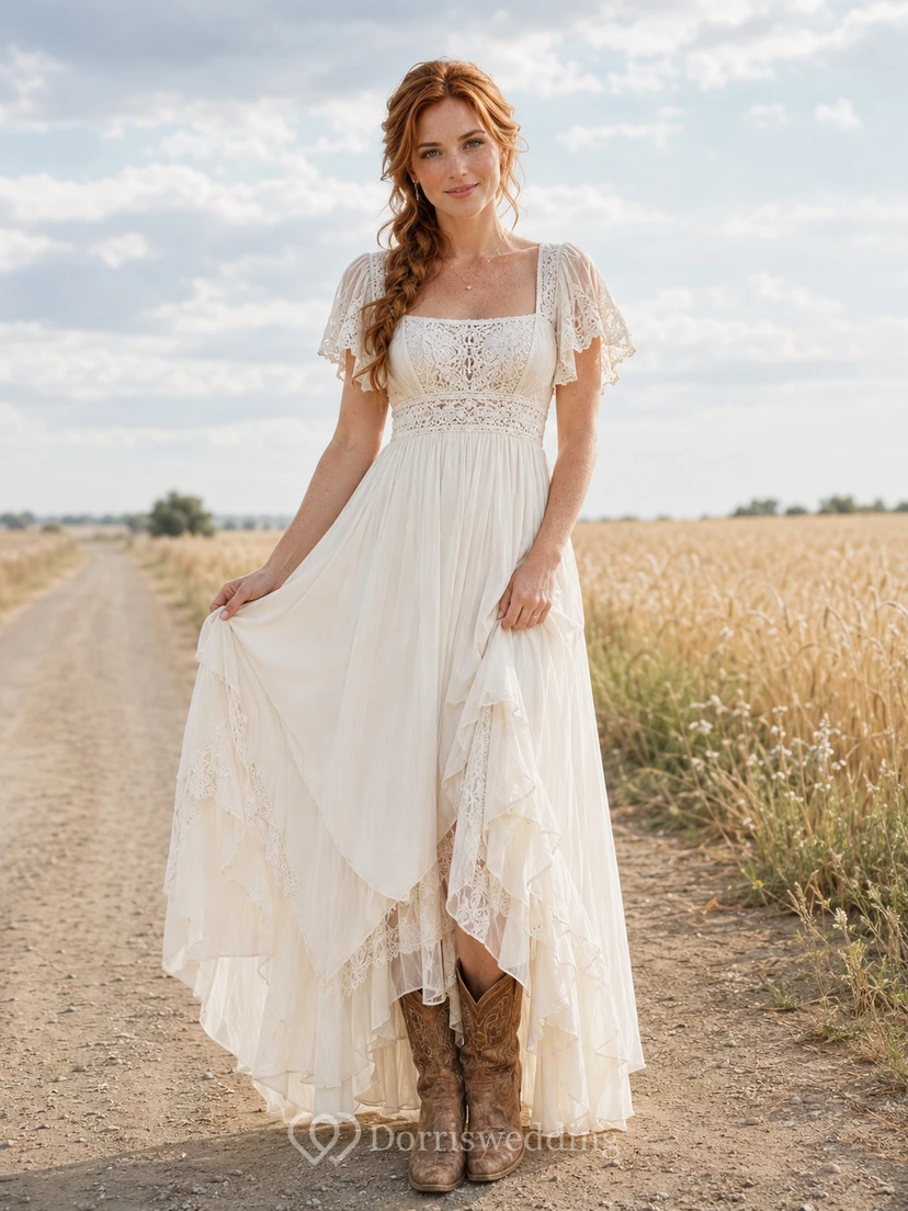 Maternity Wedding Dress Spaghetti Strap Lace Gown with Split Front and Beach Train