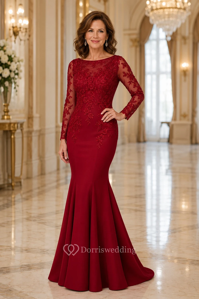 MOB-Kleid, rotes Chiffon-Spitzenkleid, Meerjungfrauen-Stil, lange Ärmel, U-Boot-Ausschnitt, bodenlang, gerafft