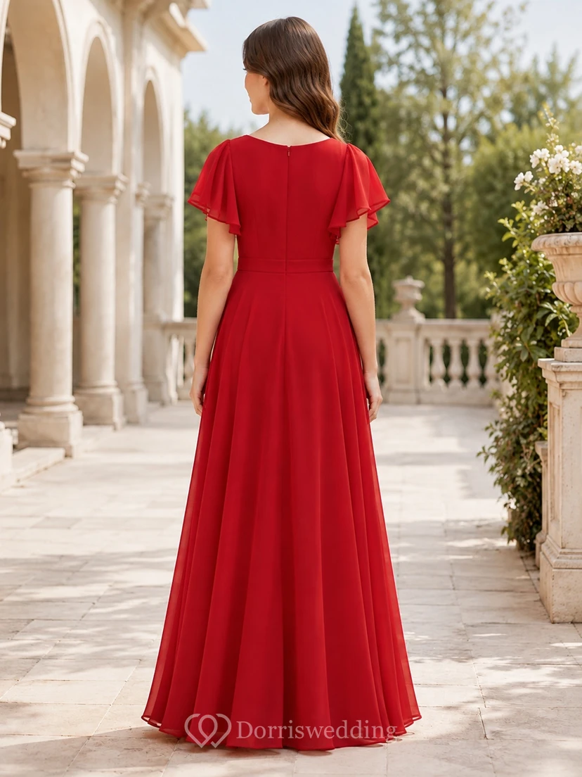 Vestido rojo de dama de honor juvenil, corte en A, largo hasta el suelo, manga corta con detalle de volantes, estilo romántico. view 2