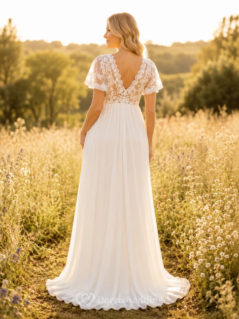 Robe de mariée de maternité à col en V et manches courtes en dentelle, style champêtre view 2