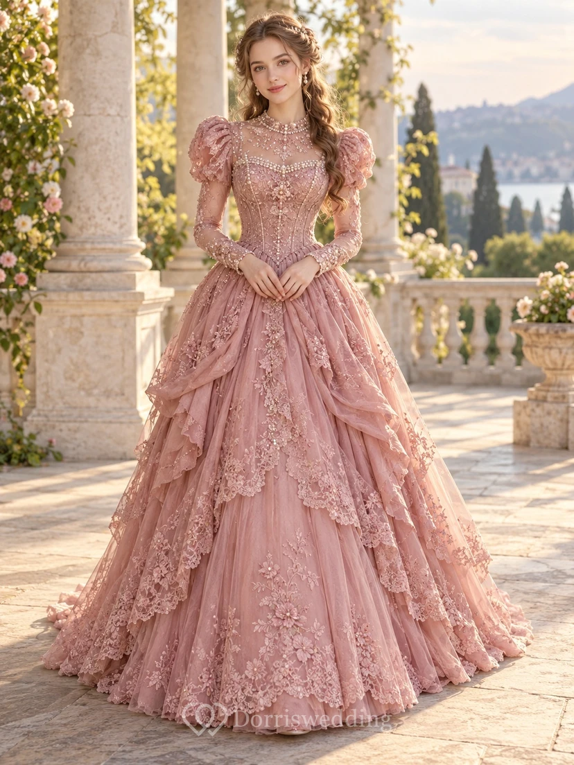 Victorian Dusty Rose High Neck Puff Sleeve Lace Ball Gown