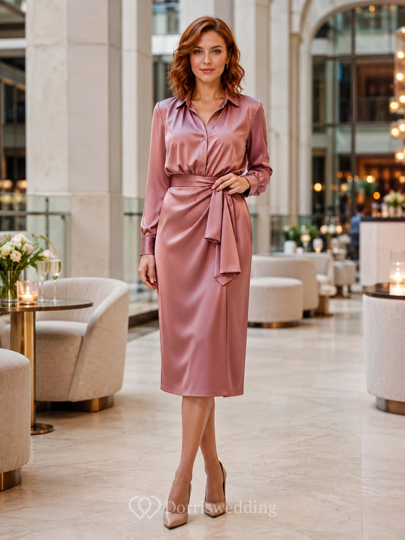 Vestido de satén rosa empolvado de manga larga con cinturón para eventos sociales.