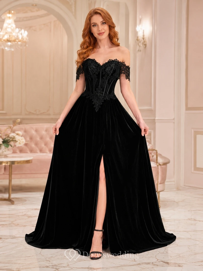 Black Velvet Lace Off-the-shoulder Short Sleeve Mermaid Floor-length Sweep Train Split Gown